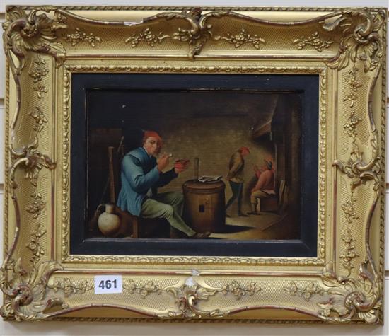Flemish School, oil on panel, Interior with pipe smokers, 16 x 24cm
